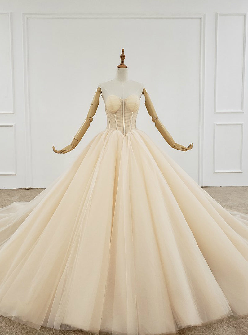 Champagne Ball Gown Tulle Sweetheart Pleats Wedding Dress