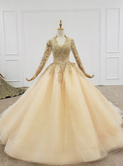 Champagne Ball Gown Tulle V-neck Long Sleeve Wedding Dress Wit Beading