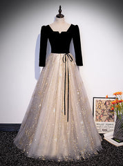 Champagne Black Tulle Short Sleeve Sequins prom Dress