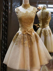 Champagne Lace Tulle High Neck Homecoming Dress