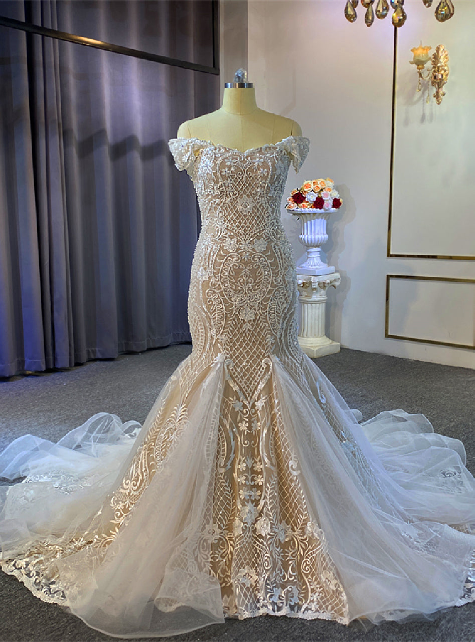 Champagne Mermaid Appliques Beading Wedding Dress