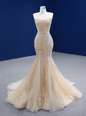 Champagne Mermaid Sequins Tulle Strapless Appliques Prom Dress