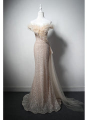 Champagne Mermaid Tulle Sequins Off the Shoulder Prom Dress