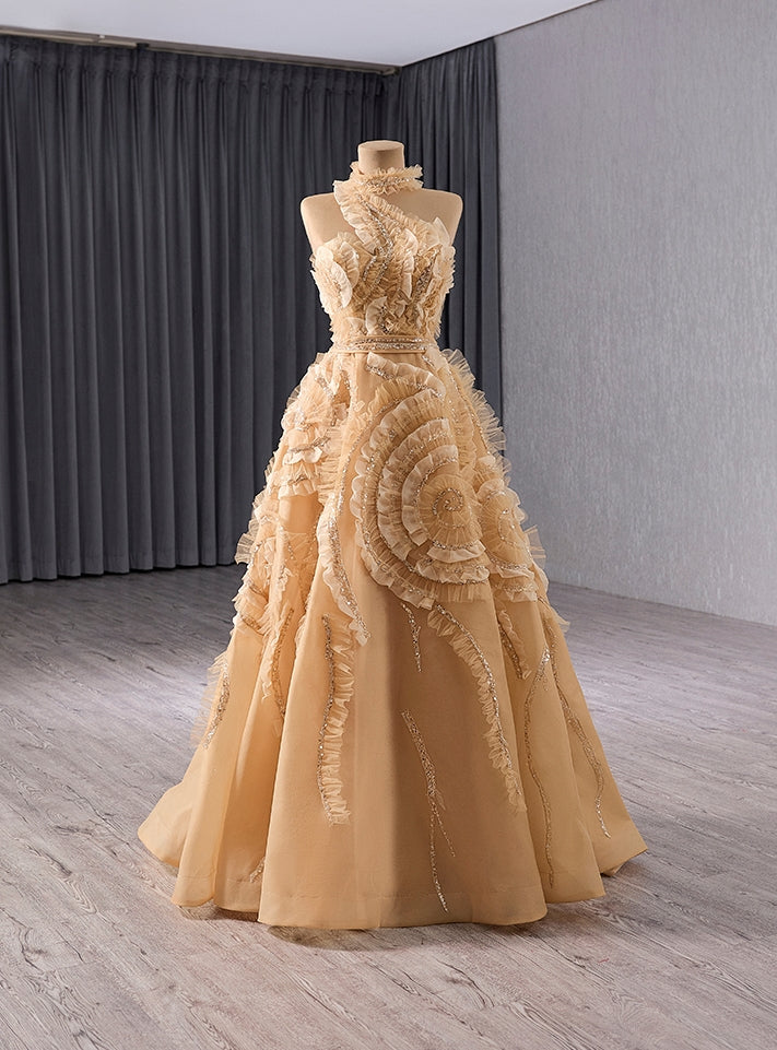 Champagne One Shouder Tulle Prom Dress