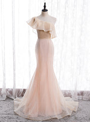 Champagne Pink Mermaid Sequins One Shoulder Prom Dress