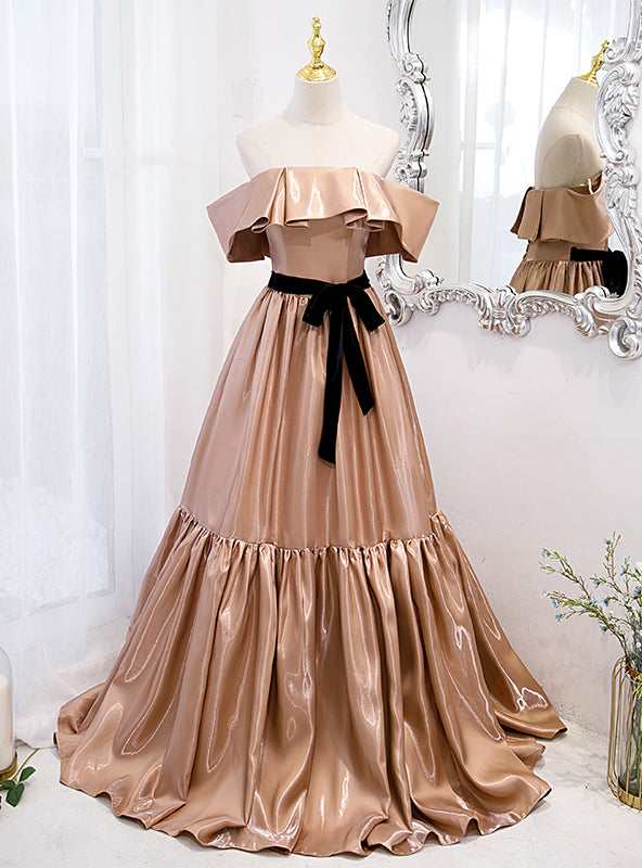 Champagne Satin Off the Shoulder Prom Dress With Bow