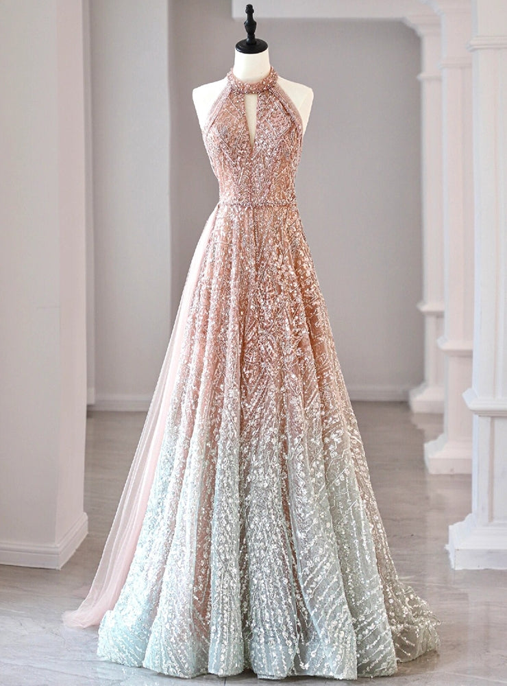 Champagne Sequins Halter Prom Dress