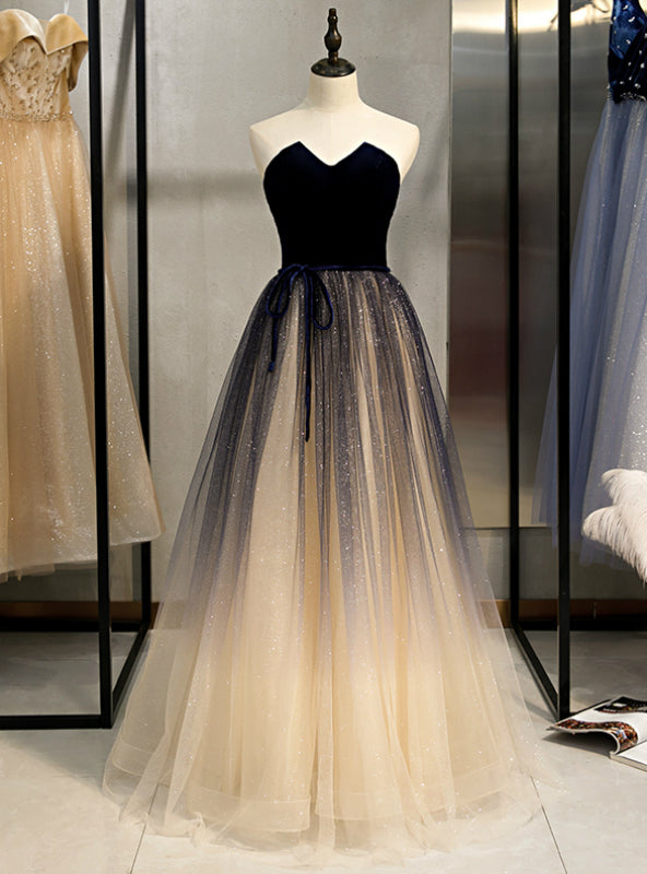 Champagne Tulle And Navy Blue Velvet Strapless Prom Dress