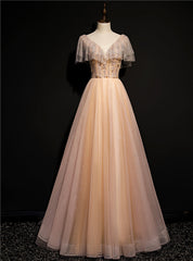 Champagne Tulle Beading V-neck Prom Dress