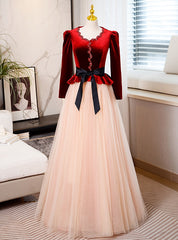 Champagne Tulle Burgundy Velvet Long Sleeve Prom Dress