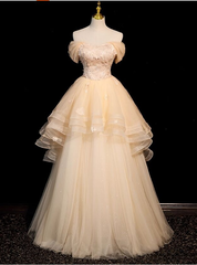 Champagne Tulle Flower Beading Off the Shoulder Prom Dress