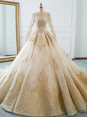 Champagne Tulle Gold Appliques Long Sleeve Wedding Dress