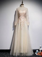 Champagne Tulle Long Sleeve Appliques Prom Dress