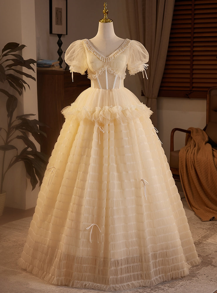 Champagne Tulle Puff Sleeve Beading Wedding Dress