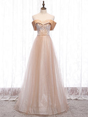 Champagne Tulle Sequins Beading Off the Shoulder Prom Dress