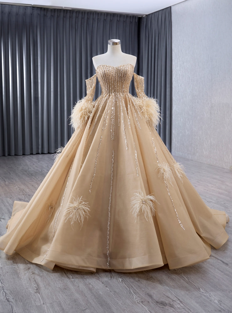 Champagne Tulle Sequins Prom Dress With Detachable Sleeve