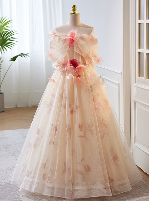 Champagne Tulle Strapless Flower Prom Dress