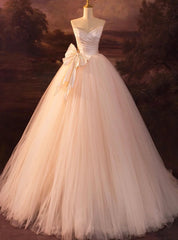 Champagne Tulle Strapless Pleats Bow Wedding Dress