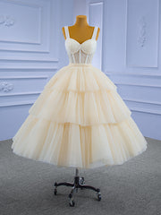 Champagne Tulle Straps Tiers Beading Short Prom Dress