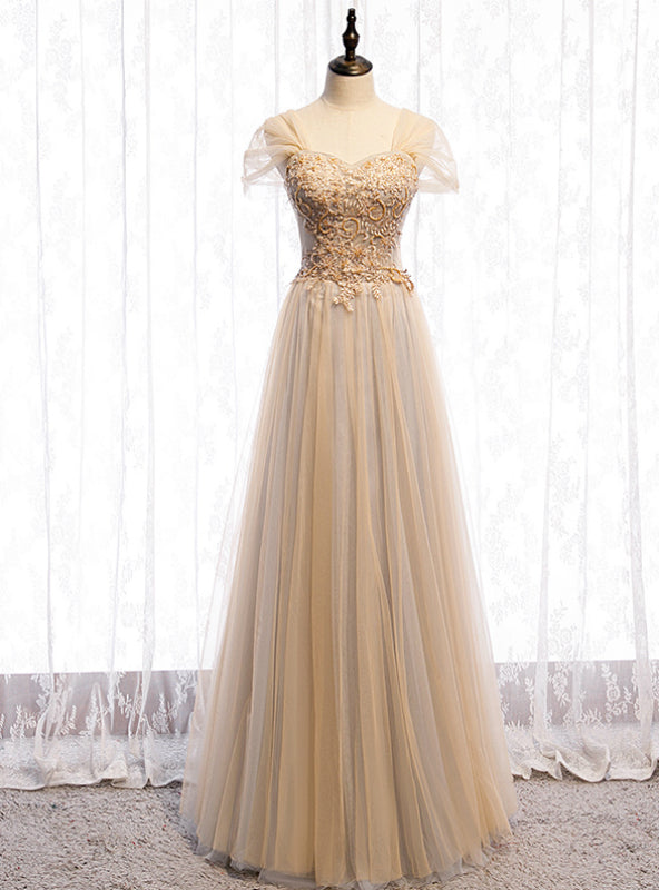 Champagne Tulle Sweetheart Beading Sequins Prom Dress