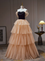 Champagne Tulle Tiers Beading Prom Dress