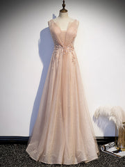 Champagne Tulle V-neck Beading Sequins Prom Dress