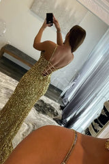 Charming Mermaid V Nekc Gold Sequins Long Prom Dresses with Slit