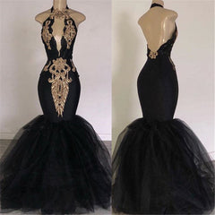 Chic Backless Prom Dresses with Gold Appliques Mermaid Halter Evening Gowns with Keyhole