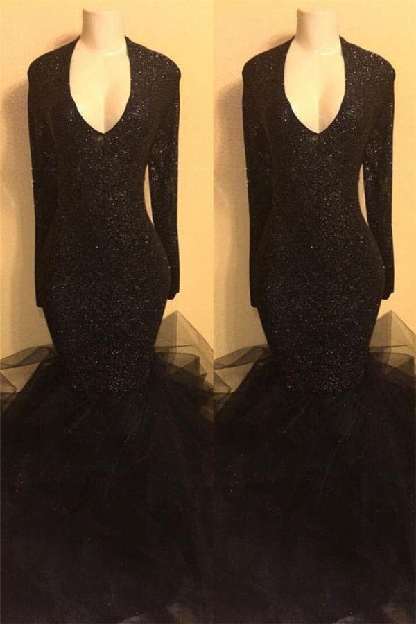 Chic black sequins prom dress, ruffles evening dress