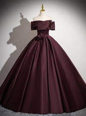 Dark Burgundy Satin Off the Shoulder Pleats Prom Dress