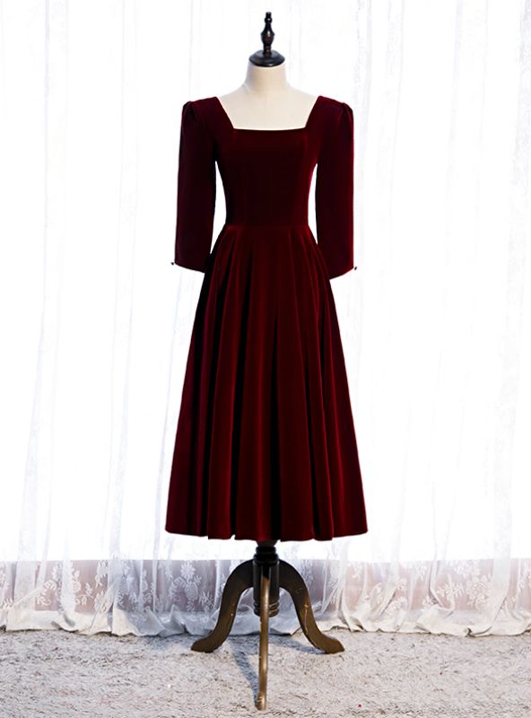 Dark Burgundy Velvet Square Half Sleeve Tea Length Prom Dress