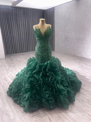 Dark Green Mermaid Strapless Ruffles Beading Prom Dress