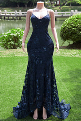 Dark Navy Blue Prom Dresses Sequins Mermaid Tulle Long Evening Dresses Spaghetti Straps