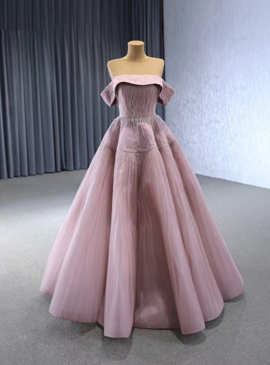 Dark Pink Tullle Strapless Pleats Beading Prom Dress