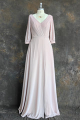 Deep V-neck 1/2 Sleeves Chiffon Max Dresses Side-Slit Floor-Length Bridesmaid Dress