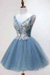 Dusty Blue Princess Tulle Appliqued Homecoming Dress