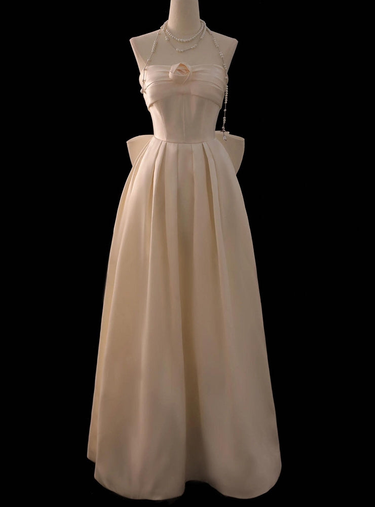 Elegant Ivory Satin Strapless Pleats Bow Wedding Dress