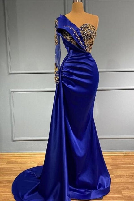 Elgeant Royal Blue One Shoulder Mermaid Prom Dresses with Sleeves