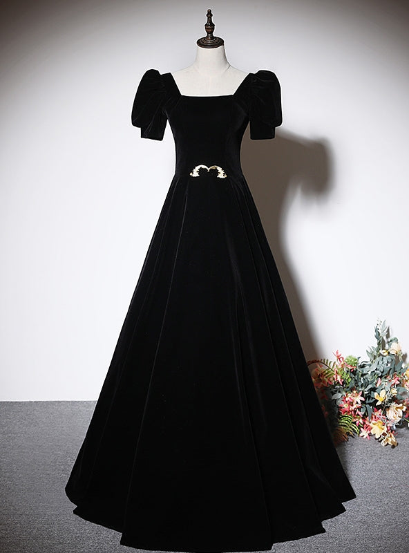 Fashion Black Velvet Short Sleeve Square Neck Prom Dress