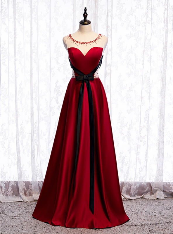 Fashion Burgundy Satin Beading Prom Dress With Black Sash