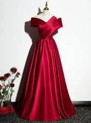 Fashion Burgundy Satin Off the Shoulder Pleats Prom Dress