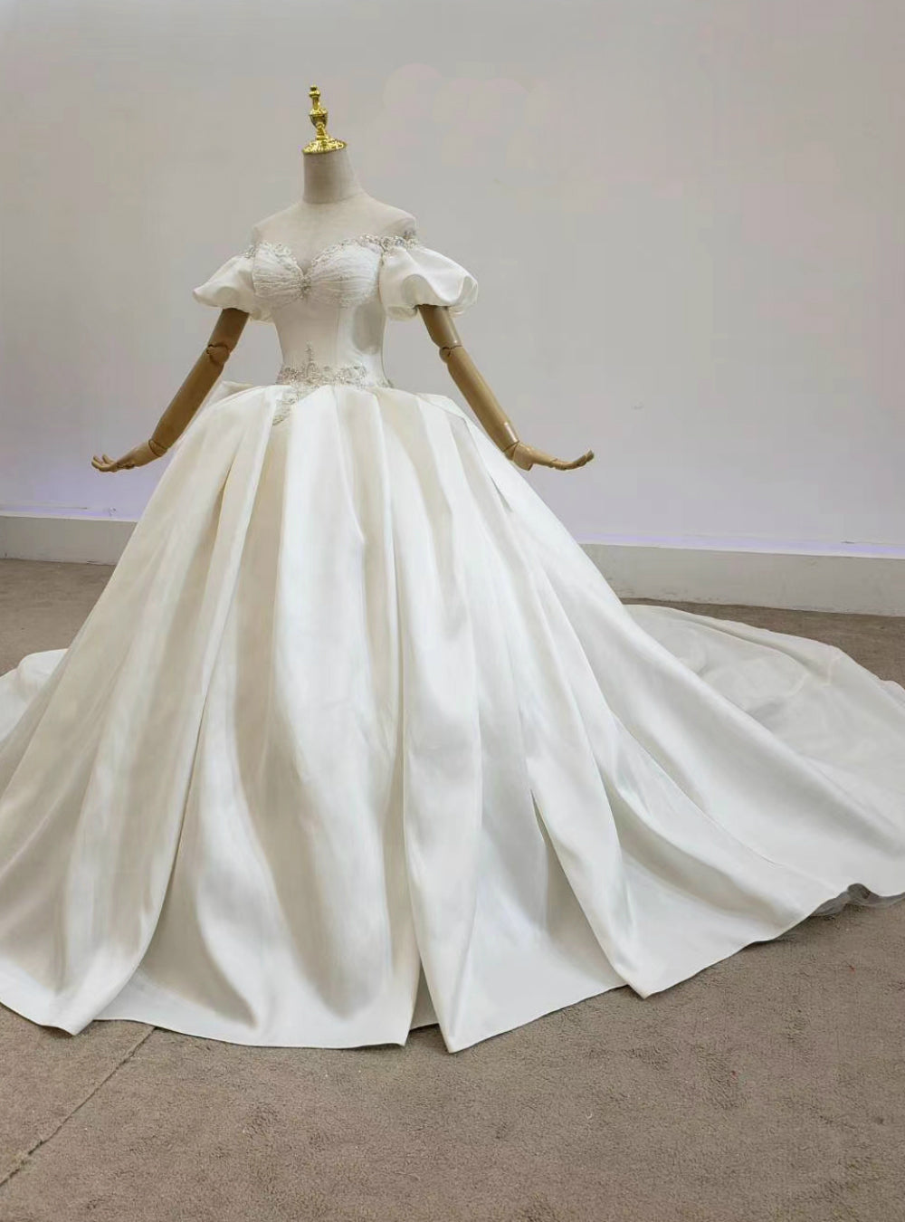 Fit Your Fashion Sense Ivory White Ball Gown Satin Puff Sleeve Beading Backless Wedding Dress