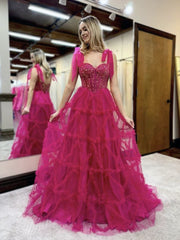 Fuchsia A Line Sweetheart Tiered Tulle Long Prom Dresses