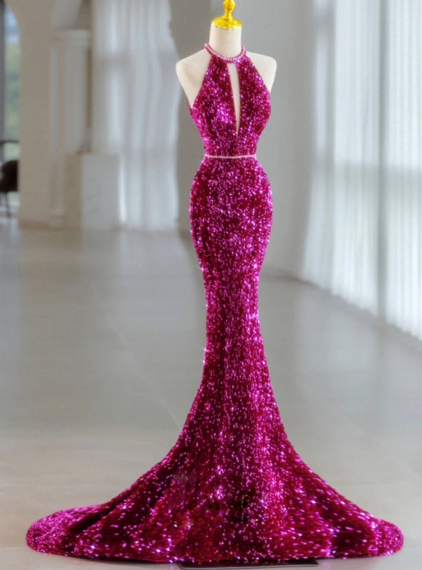 Fuchsia Mermaid Sequins Halter Prom Dress