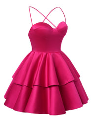 Red Satin Homecoming Dress Sweetheart Neck Tiered Short Graduation Dresses