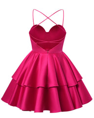 Champagne Satin Homecoming Dress Sweetheart Neck Tiered Short Graduation Dresses