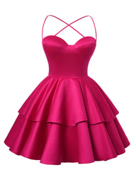 Fuchsia Satin Homecoming Dress Sweetheart Neck Tiered Short Graduation Dresses