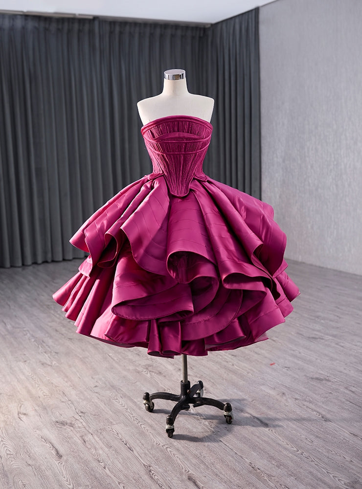 Fuchsia Satin Strapless Pleats Homecoming Dress