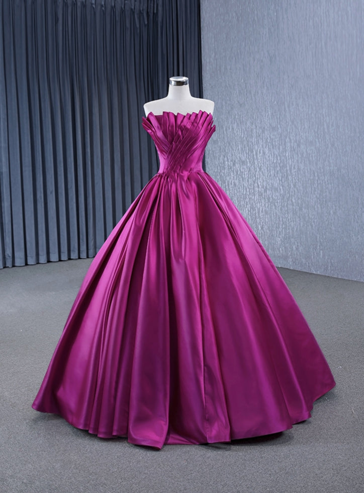 Fuchsia Satin Strapless Pleats Prom Dresses