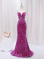 Fuchsia Sequins Spaghetti Straps Prom Dress